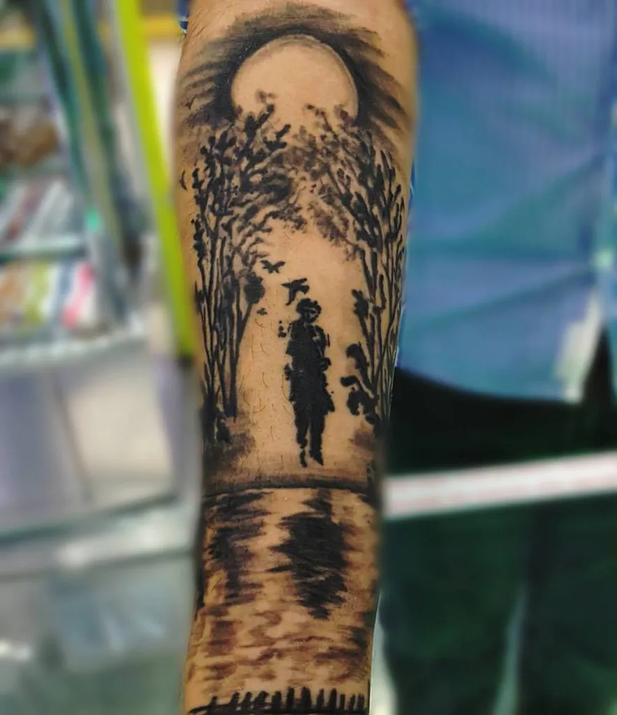 paisaje en black and gray tattoo