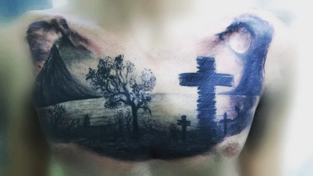 tatuaje de black and gray paisaje